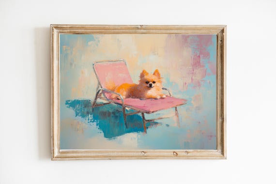 Cute Pomeranian On Pink Pool Chair Art Print Wall Girly Quirky Whimsical Pom Mom Gift