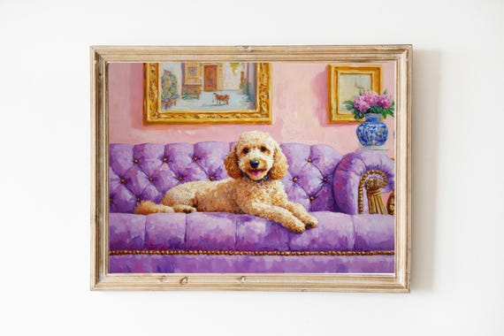Goldendoodle Lounging On Purple Sofa Golden Doodle Art Print Wall Gift Cute Quirky Whimsical