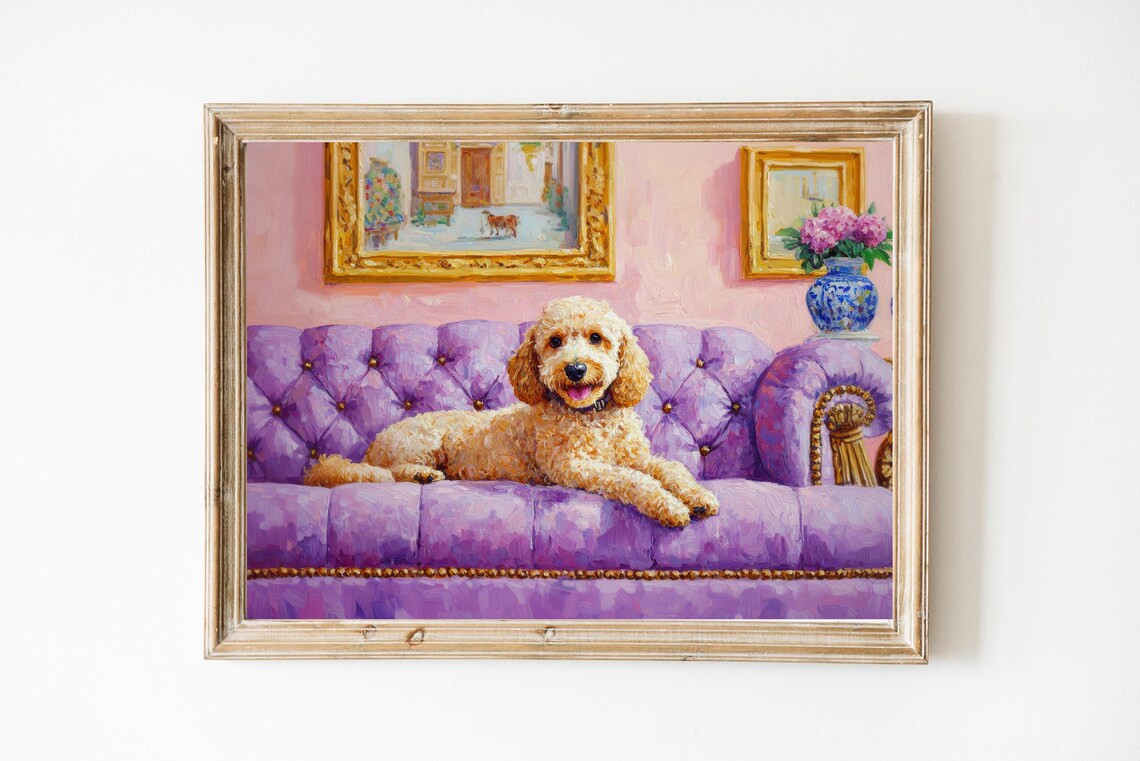 Happy Golden Puppy Lounging on Purple Velvet Sofa Funny Dog Poster