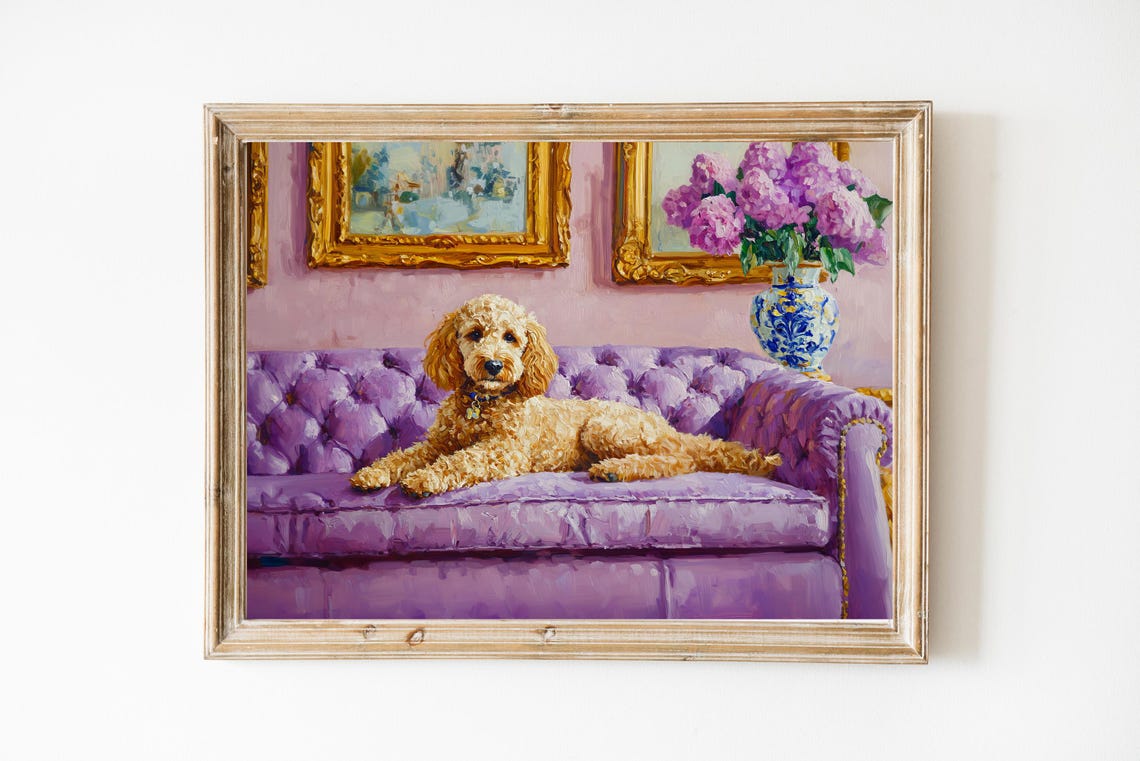 Goldendoodle Dog Lounging on a Purple Sofa Oil Painting Wall Art