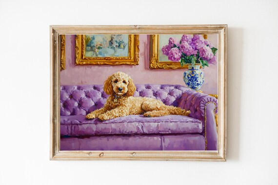 Goldendoodle Dog Lounging on a Purple Sofa Oil Painting Wall Art