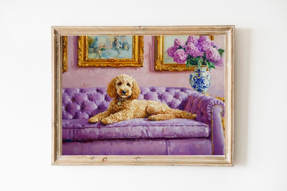 Goldendoodle Lounging On Purple Sofa Golden Doodle Art Print Wall Gift Cute Quirky Whimsical
