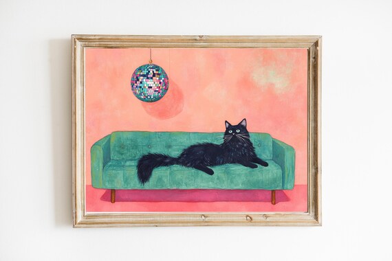 Black Cat Disco Ball Teal Couch Funny Retro Cat Painting Poster