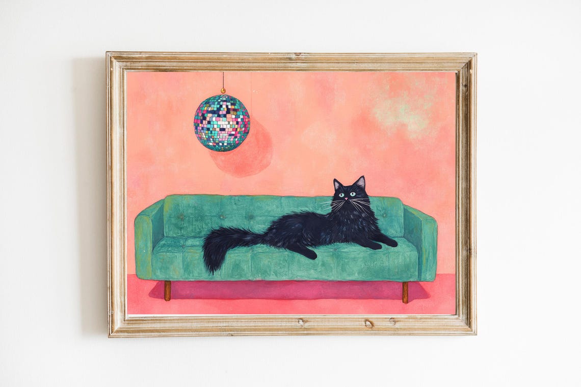 Black Cat Disco Ball Teal Couch Funny Retro Cat Painting Poster