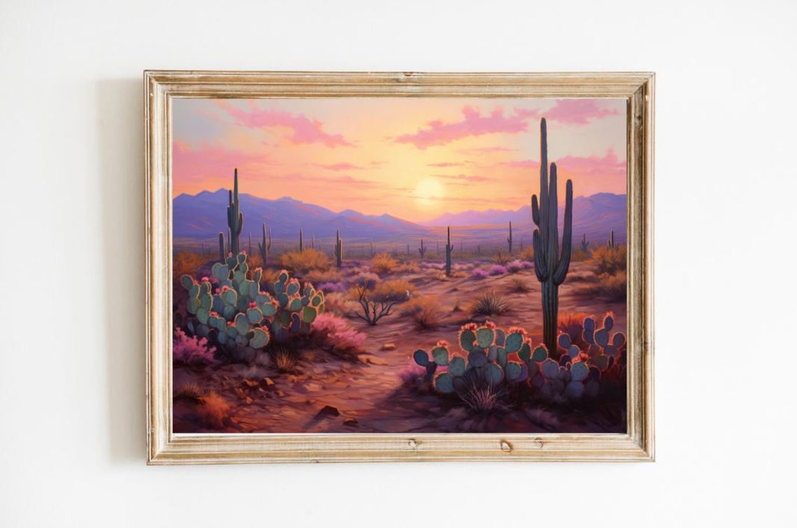 Saguaro Cactus Desert Sunset in Full Bloom Painting Art Poster