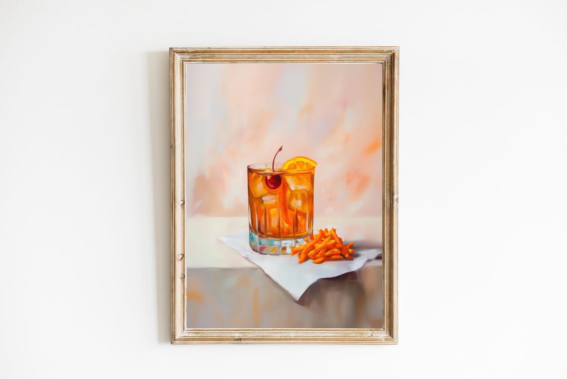 Old Fashioned Cocktail With Cheese Puffs Oil Painting Poster