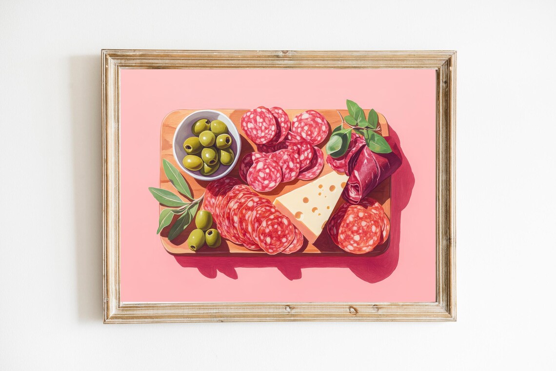 Charcuterie Board with Cheese on a Pink Background Art Print