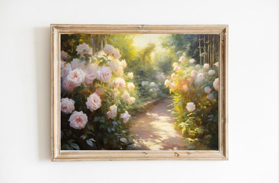 English Rose Garden Sunlit Stone Path Vintage Floral Art Poster