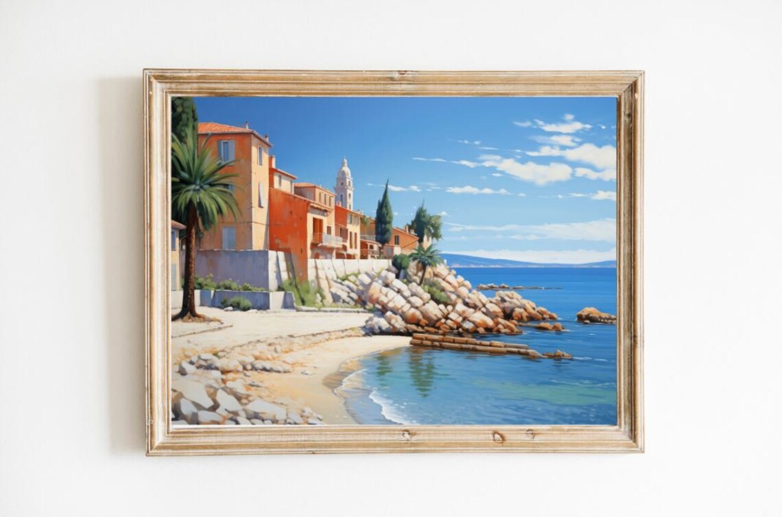 Mediterranean Coastal Town Seaside Village Oil Painting Wall Art