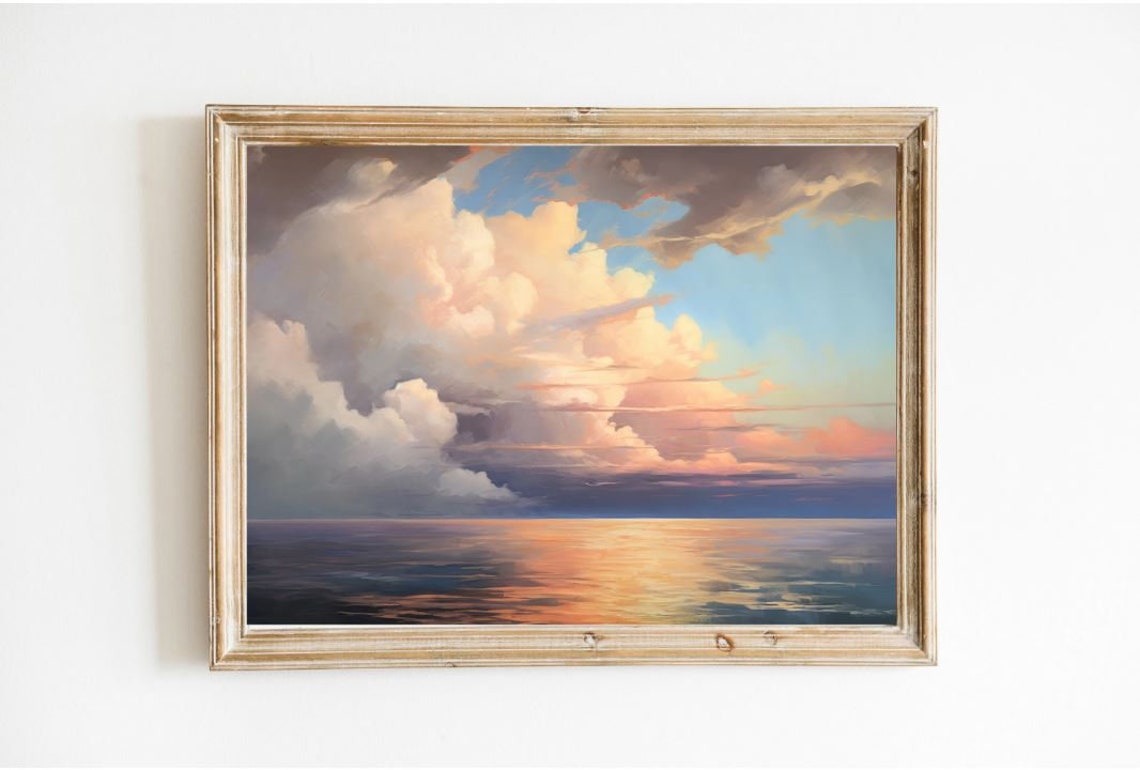 Pastel Stormy Ocean Sunset Reflection Pink Clouds Oil Painting Poster