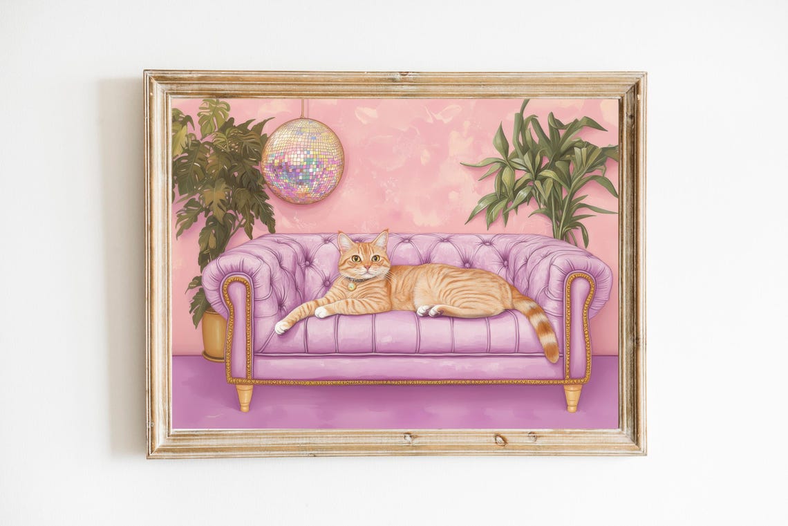 Ginger Tabby Cat Lounging on Pink Velvet Sofa With Disco Ball Poster