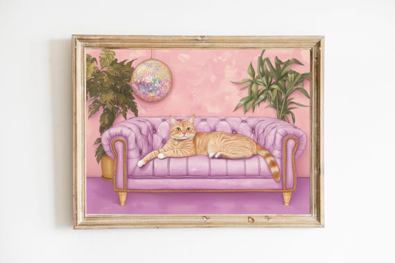 Ginger Cat With Disco Ball Art Print Cute Quirky Whimsical Cocktail Bar Cart Decor Fine Gift Trendy Wall
