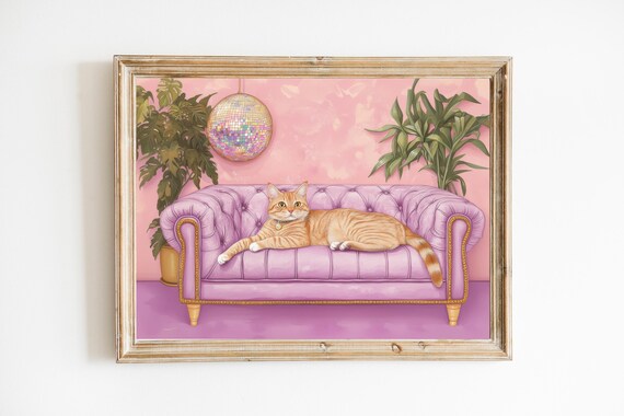 Ginger Tabby Cat Lounging on Pink Velvet Sofa With Disco Ball Poster