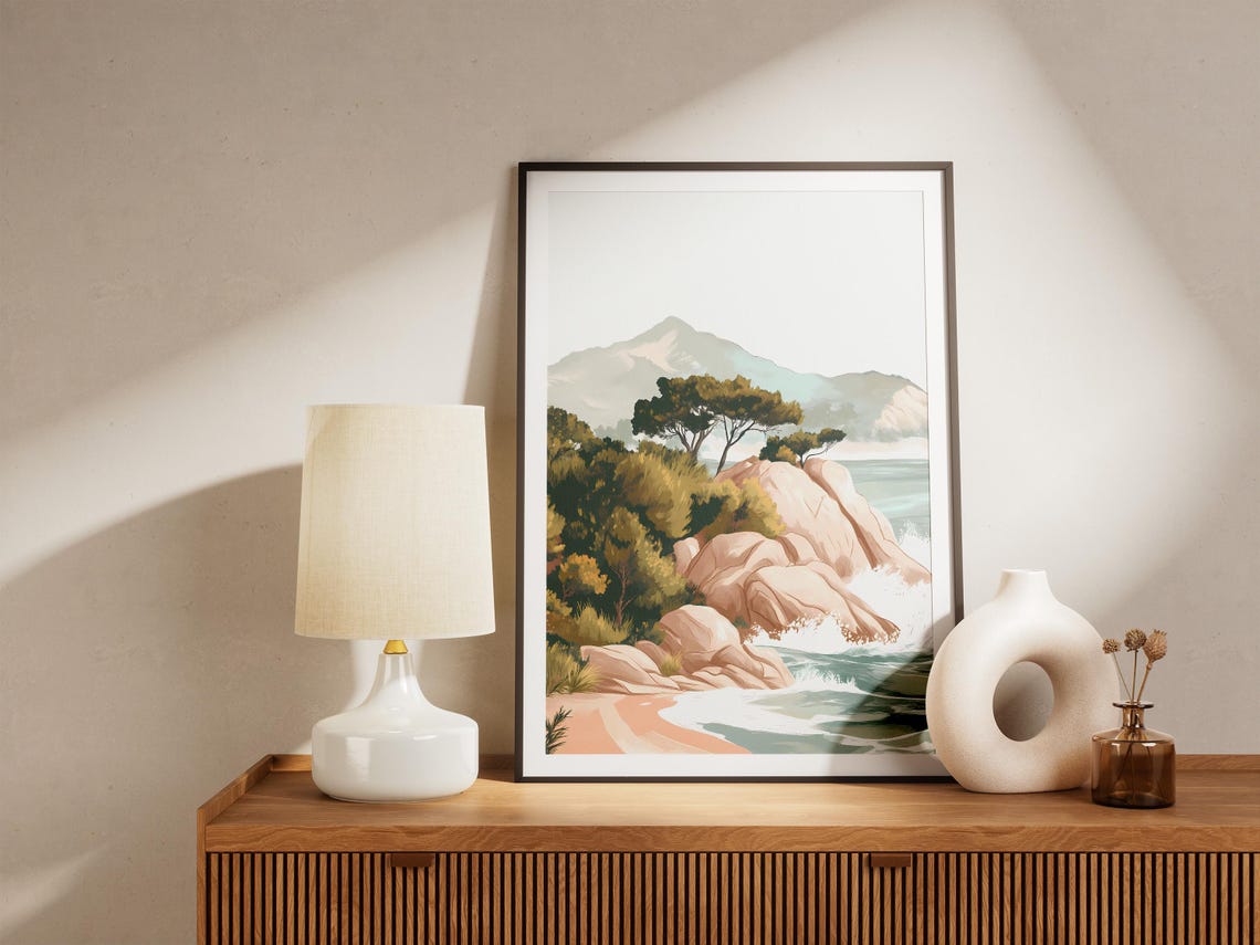 Rocky Coastal Cove Pine Trees Mountain Shore Illustration Poster - Image 5