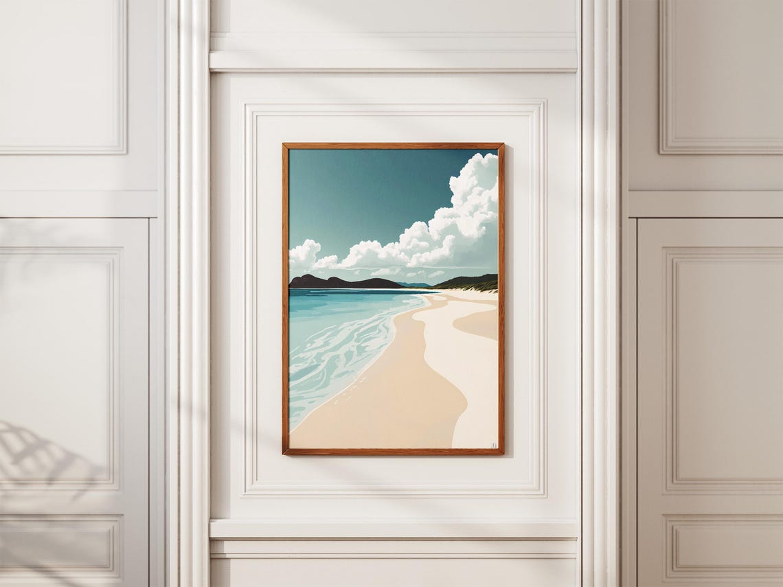 White Sand Beach with Billowing Clouds Coastal Art Poster Scenic - Image 2