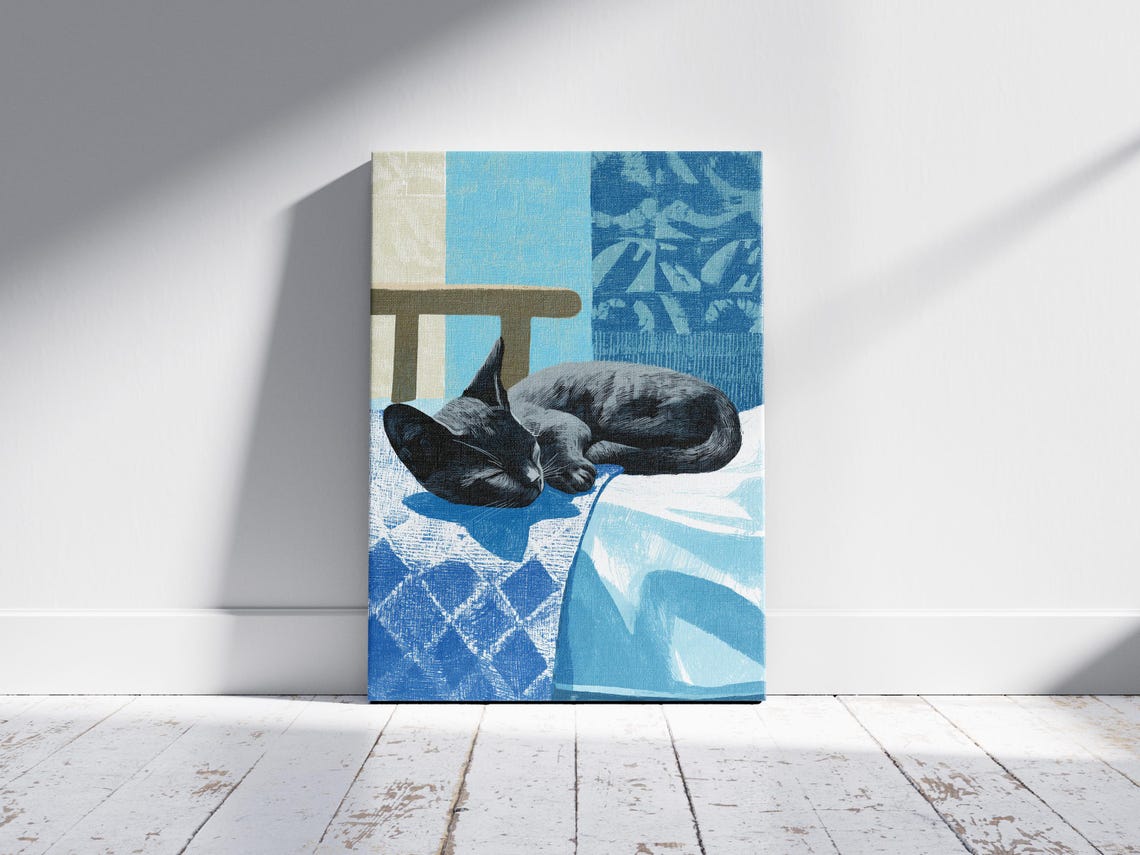 Sleeping Gray Kitten Blue Blanket Cozy Matisse Style Gouache Poster - Image 2