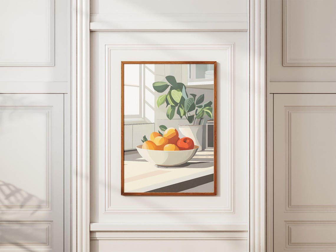 Sunlit Fruit Bowl Oranges Apples Kitchen Counter Still Life Poster - Image 2