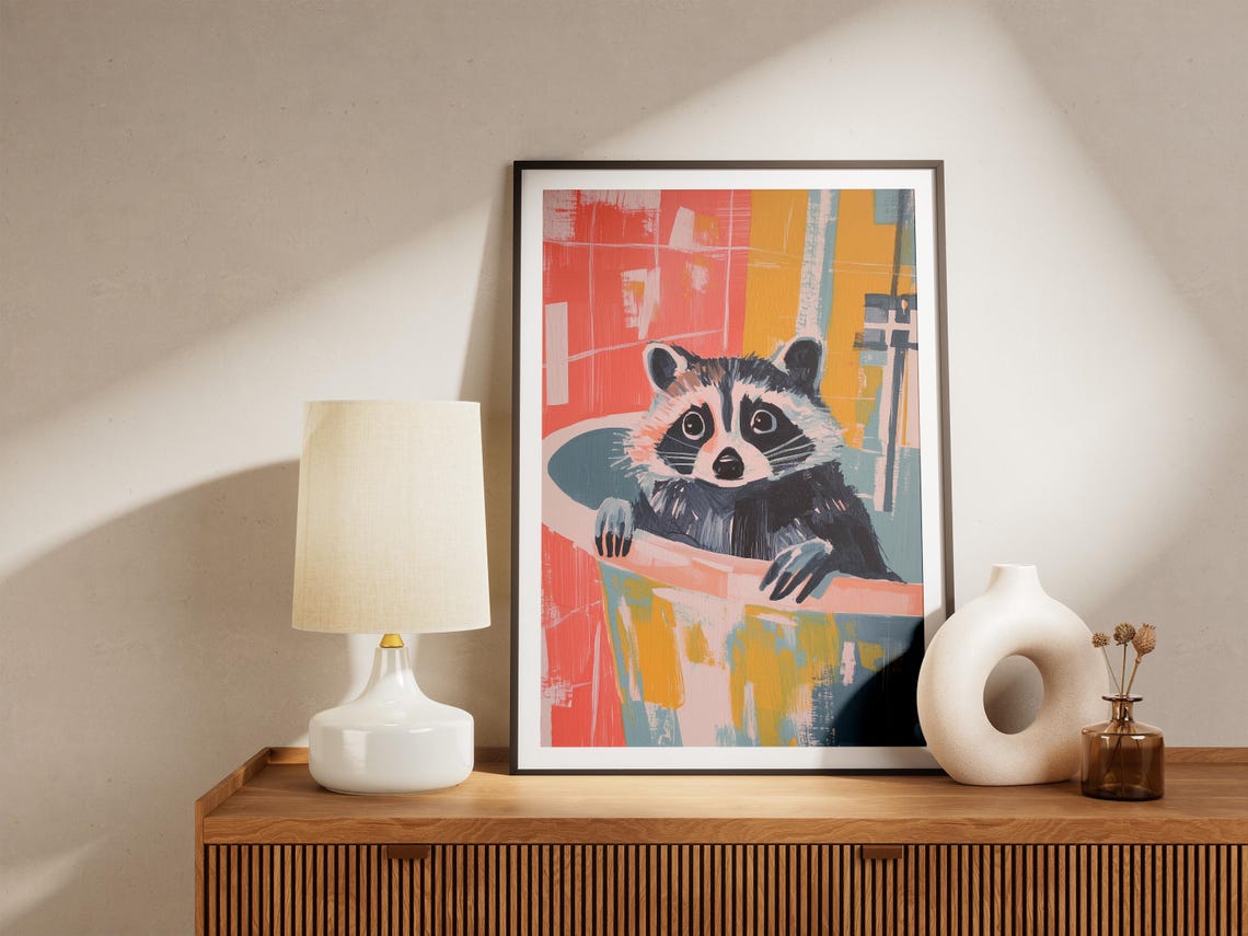 Painting Raccoon In Shower Bathroom Poster Print Modern Animal Art Cute Raccoon Painting Funny Animal Wall Decor Whimsical Bath Poster - Image 5