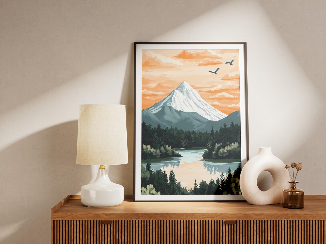Snow Capped Mountain Lake Sunset Birds Nature Landscape Poster - Image 5