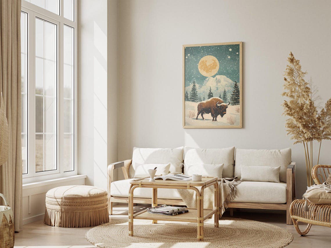 Christmas Buffalo Snow Prairie Vintage Festive Poster Print Winter Animal Art Snowy Landscape Holiday Decor Bovine Illustration Farmhouse - Image 4