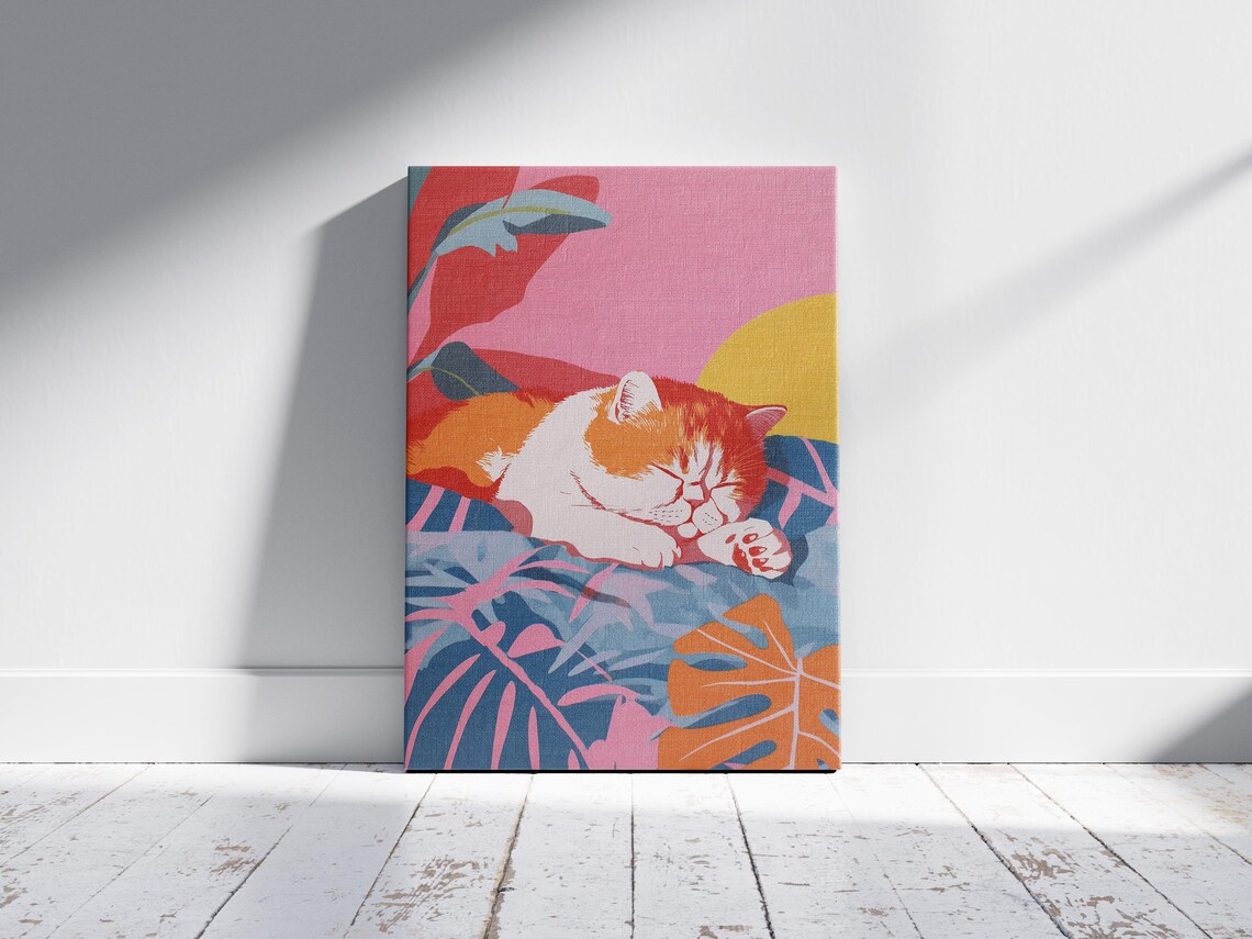 Orange and White Cat Sleeping Among Bold Tropical Leaves Modern Art Poster - Image 2