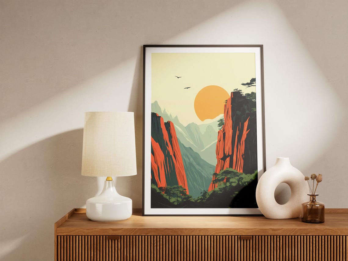Wolong China Mountain Gorge Red Cliffs Sun Vintage Travel Decor Poster - Image 4