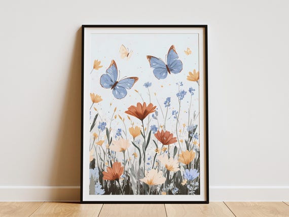 Chicory Flowers Butterfly Meadow Botanical Art Print Poster Floral Wall Decor Summer Nature Illustration Whimsical Cottagecore Home Decor