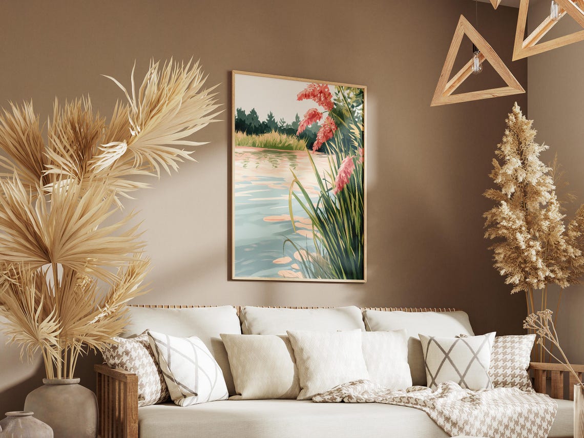 Pink Pampas Grass Swaying Beside a Tranquil Blue Lake Poster - Image 3