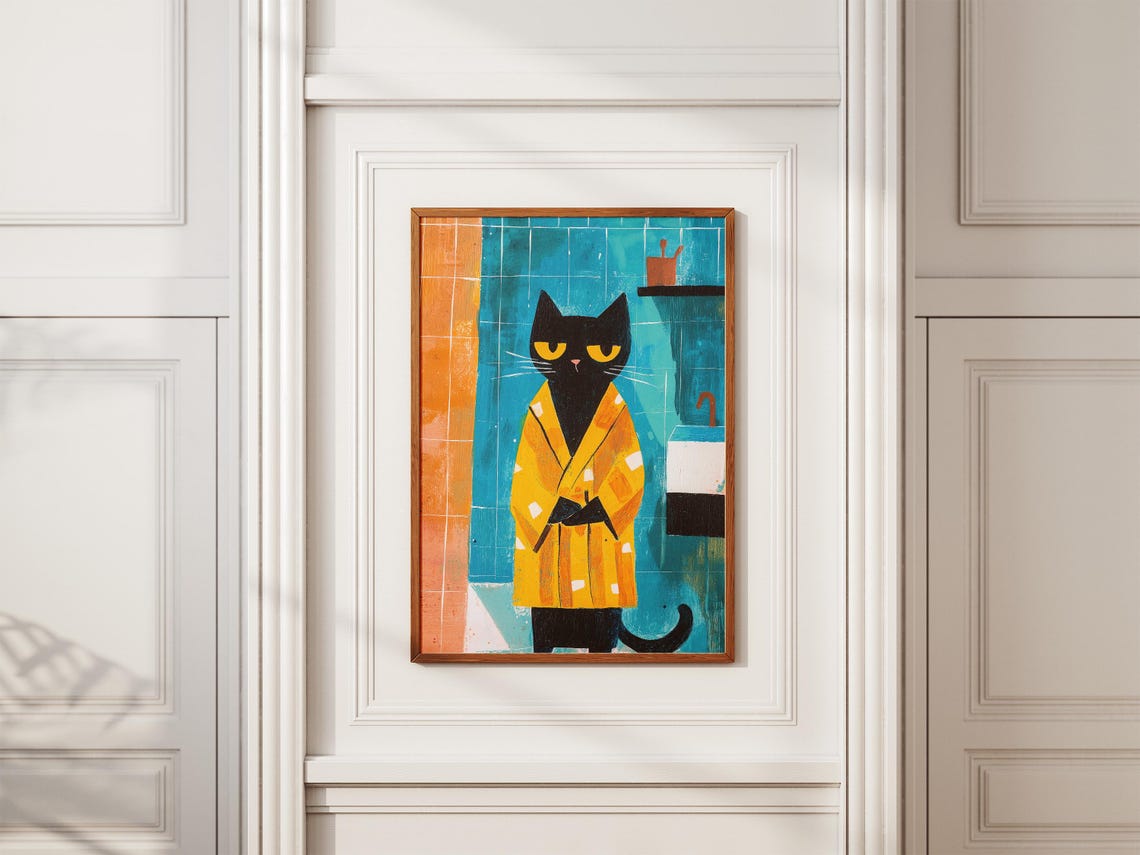 Maine Cat Bathrobe Bathroom Matisse Style Poster Print Whimsical Art Funny Decor Lover Home - Image 2