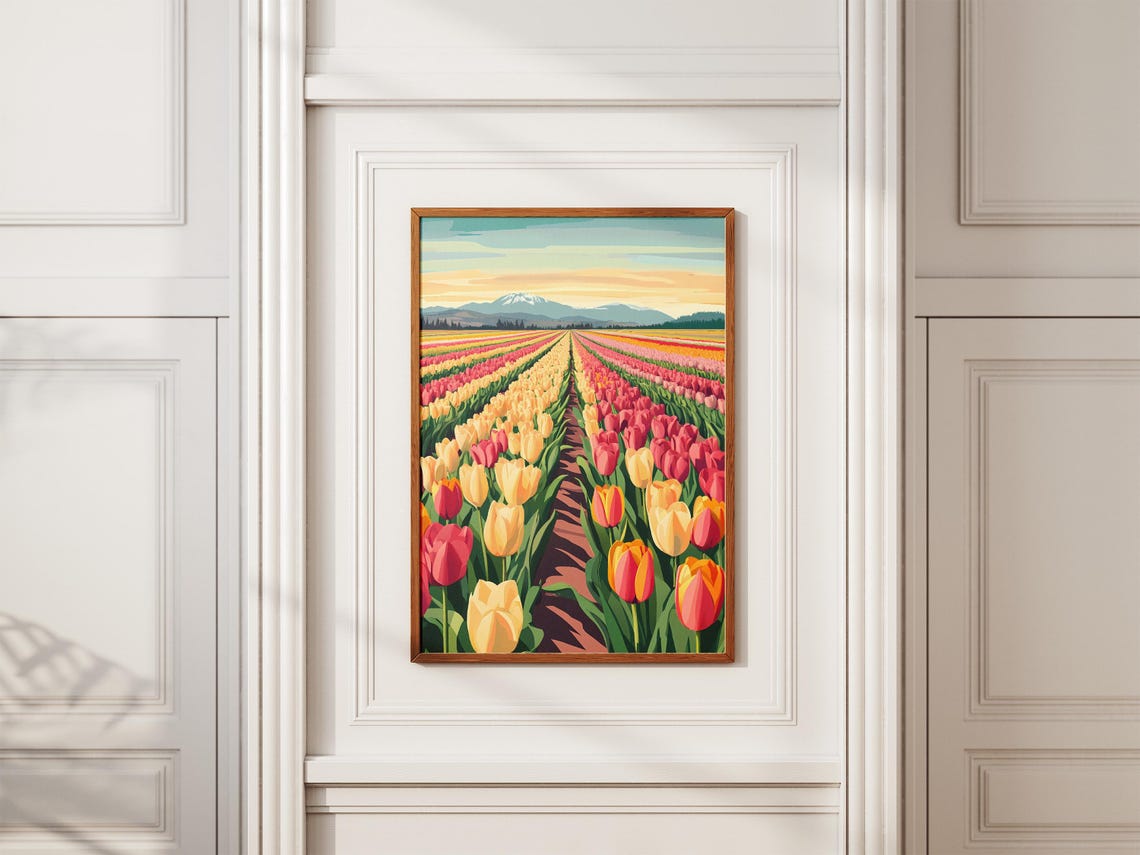 Tulip Field Rows At Sunset With Distant Snowcapped Mountain Poster - Image 2