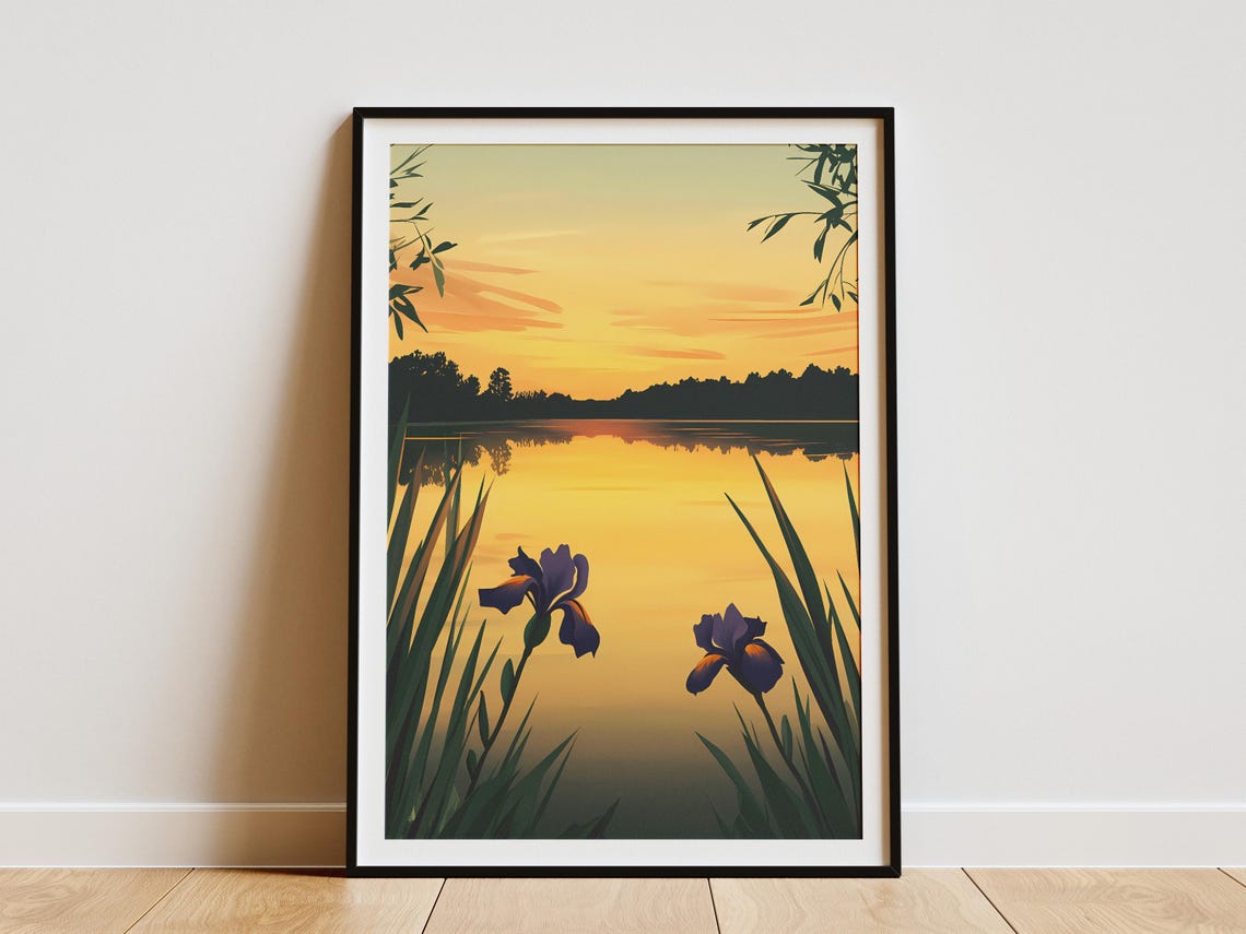 Purple Irises Golden Sunset Lake Minimalist Calm Flower Poster
