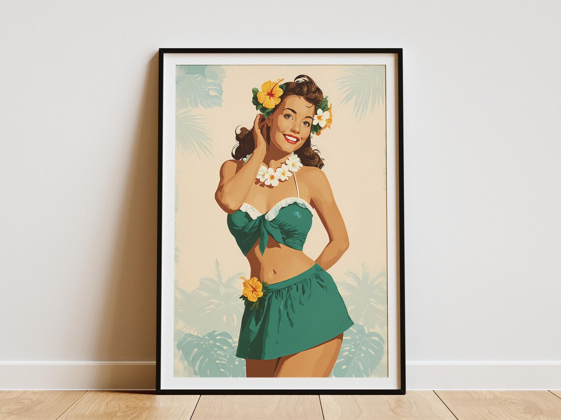 Vintage Hula Girl Retro Pin Up Tropical Flower Lei Art Poster