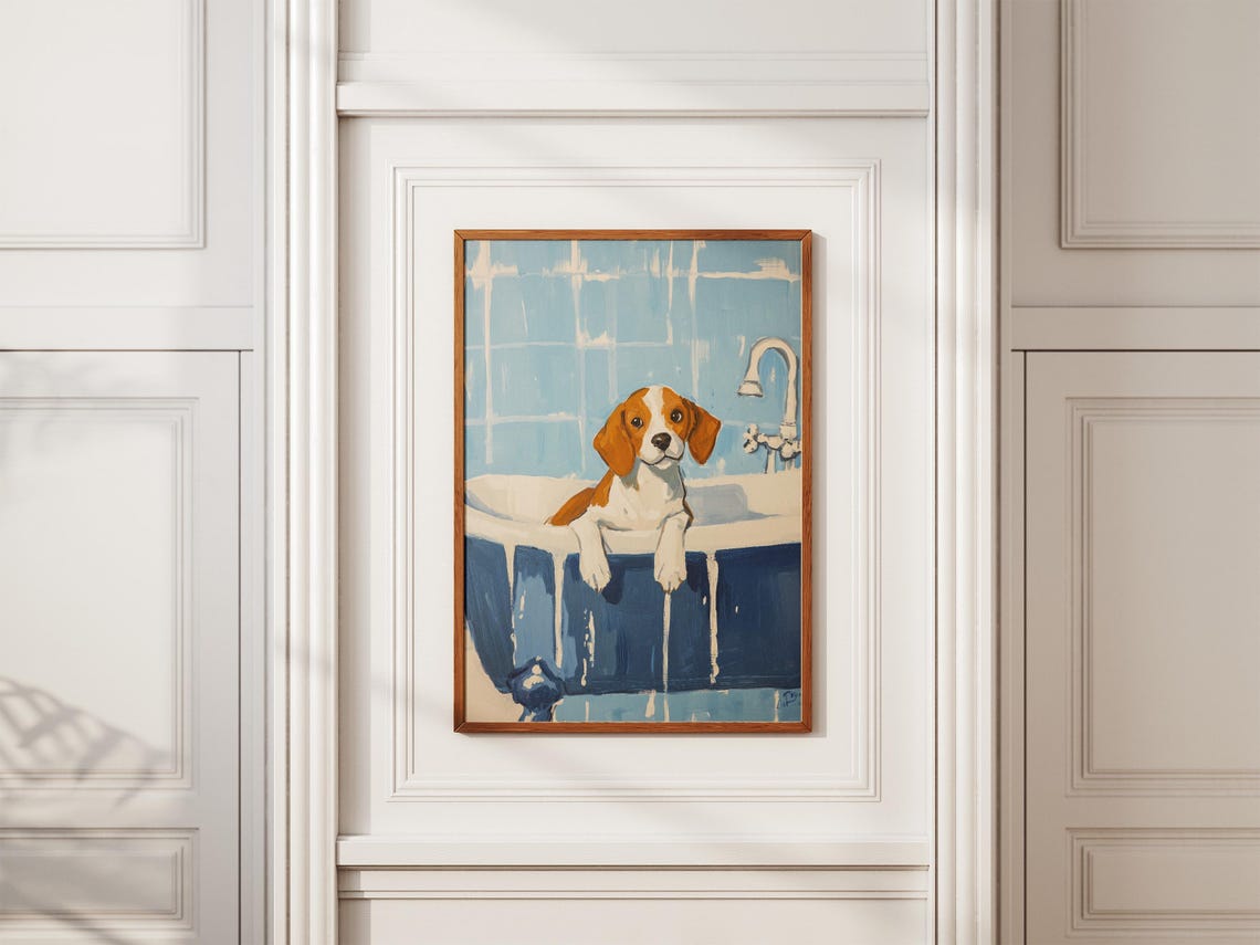 Tiny Beagle Puppy Peeking Over a Vintage Blue Clawfoot Tub Poster - Image 2