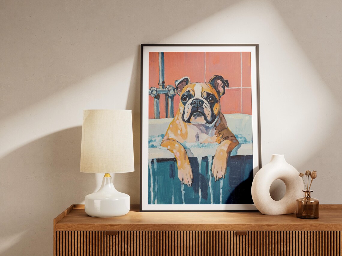 Wrinkly Bulldog Lounging in a Foamy Bathtub by Coral Tiles Poster - Image 5