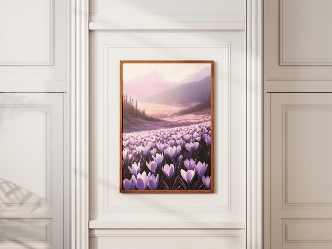Endless Purple Crocus Valley Under Misty Morning Mountains Poster - Image 2