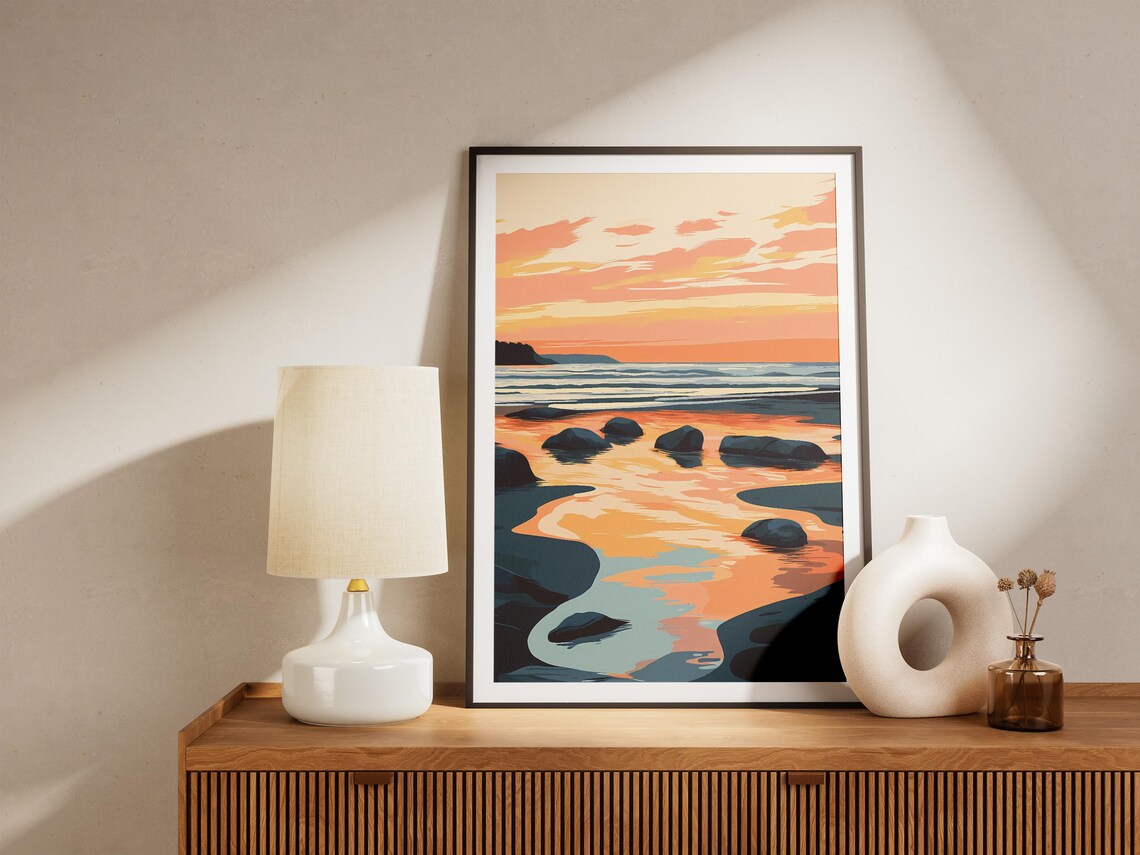 Sunset Tidal Pools Orange Teal Minimalist Coastal Illustration Poster - Image 5