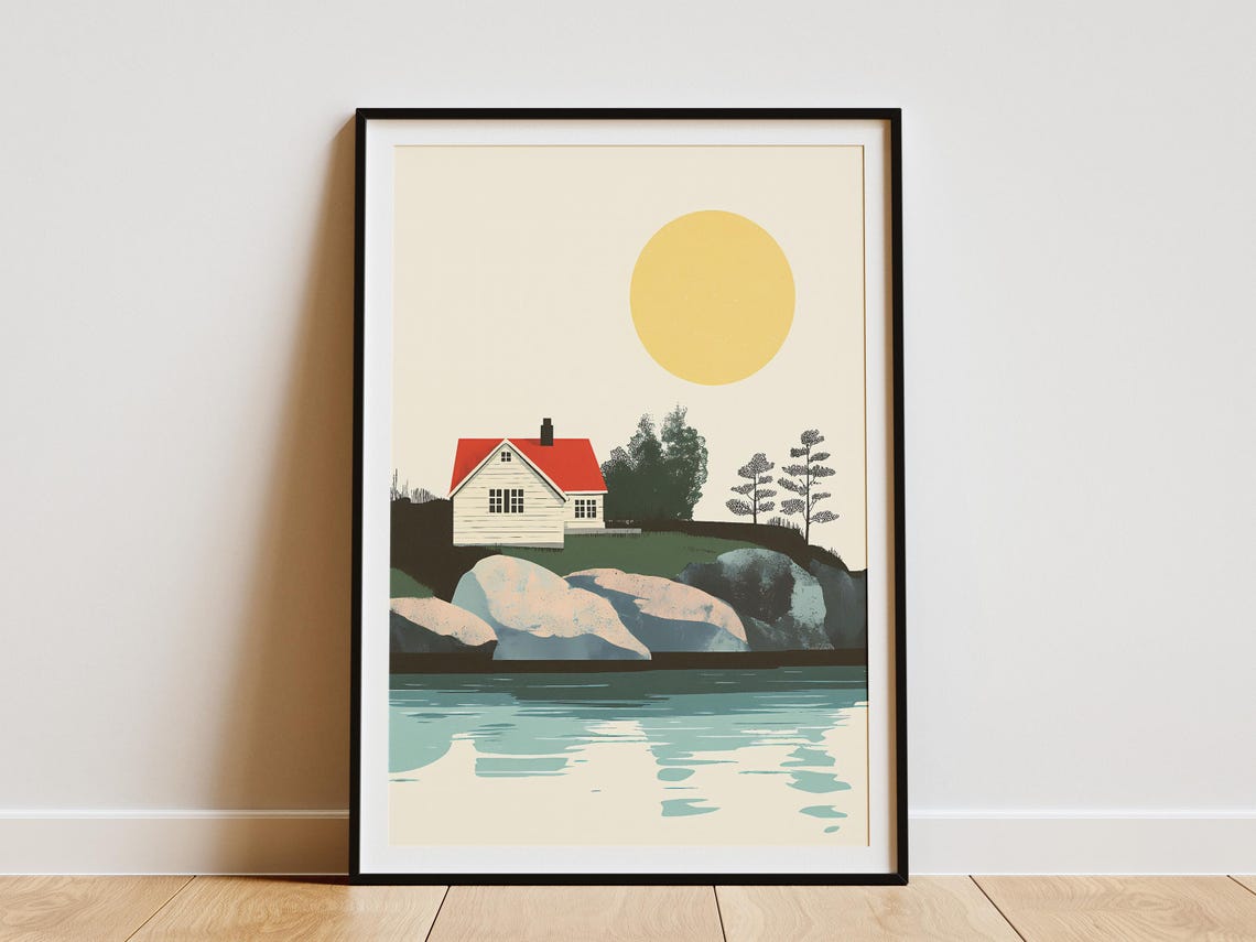 Stockholm Archipelago Red Cottage Golden Sun Scenic Art Poster
