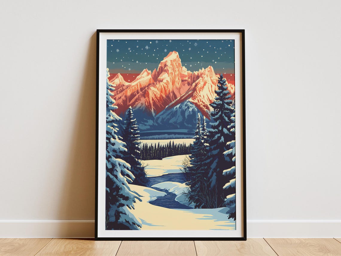 Grand Teton National Park Winter Landscape Poster Vintage Travel Poster Snowy Mountains Art Print Festive Holiday Decor Wyoming National
