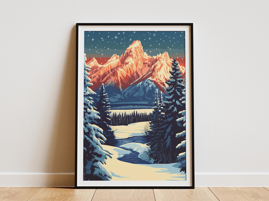 Grand Teton Winter Sunset With Snowy Peaks Vintage Travel Poster