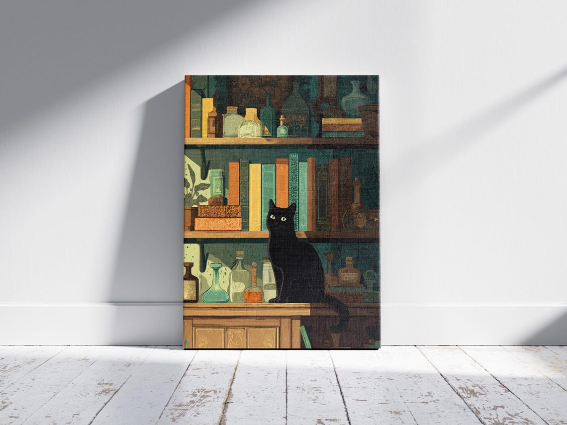 Black Cat on Vintage Apothecary Bookshelf Gothic Witchy Art Poster - Image 2