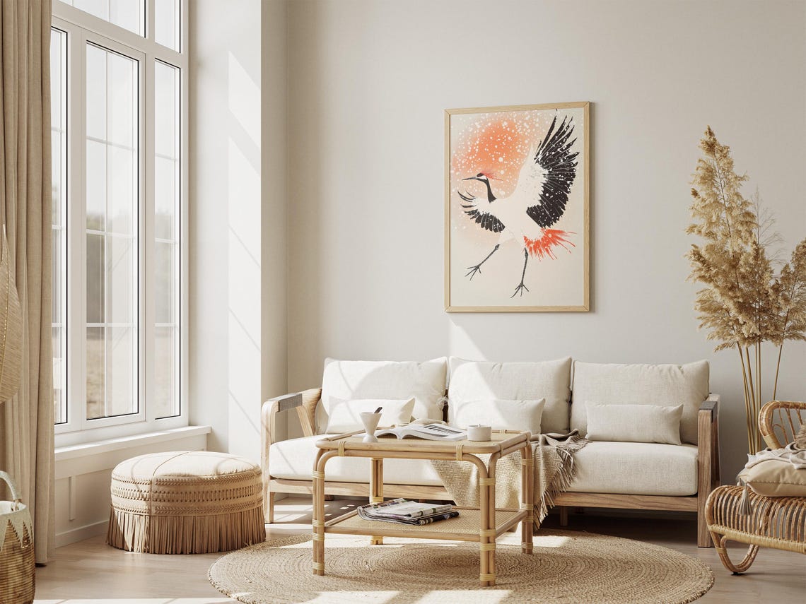 Red-Crowned Crane Dancing in Falling Snow Japanese Bird Art Poster - Image 4