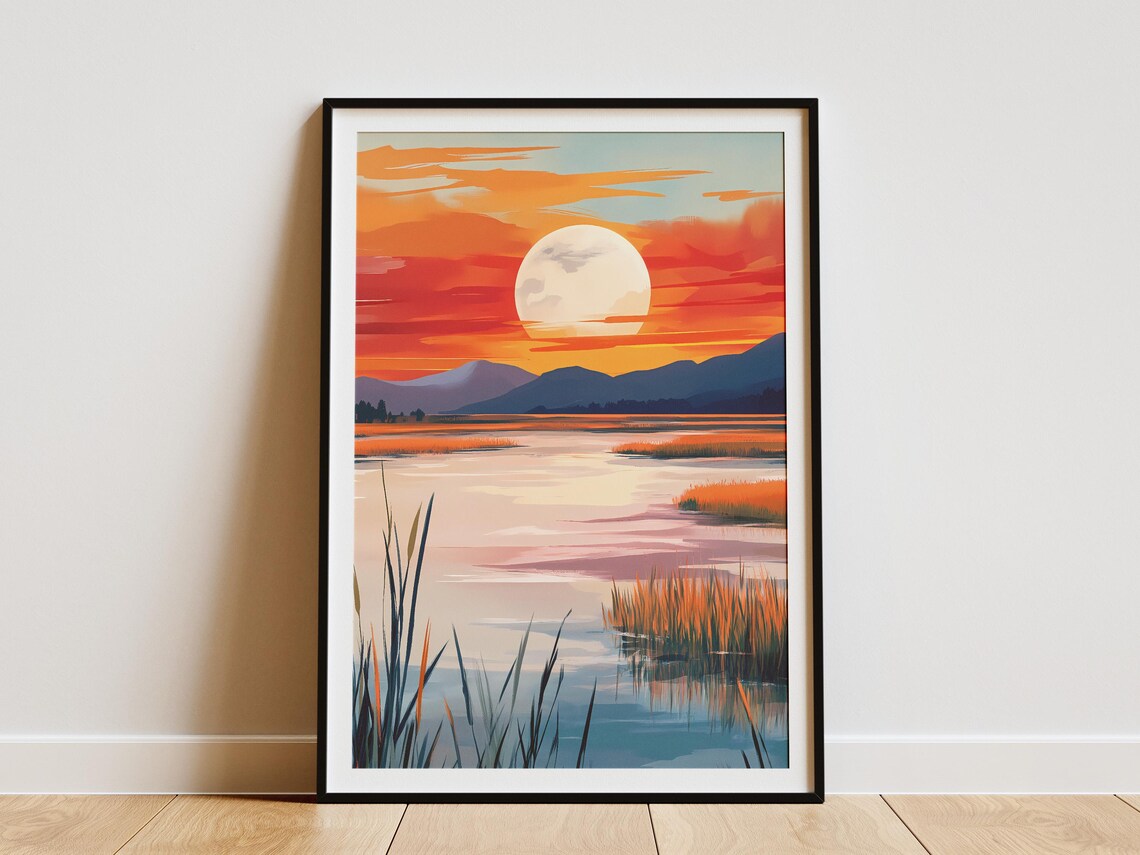 Big Bright Moonrise Over Reeds Water Mountain Lake Scene Poster