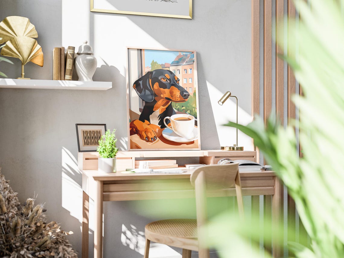 Black and Tan Dachshund with Coffee at a Sunny City Window Poster - Image 2