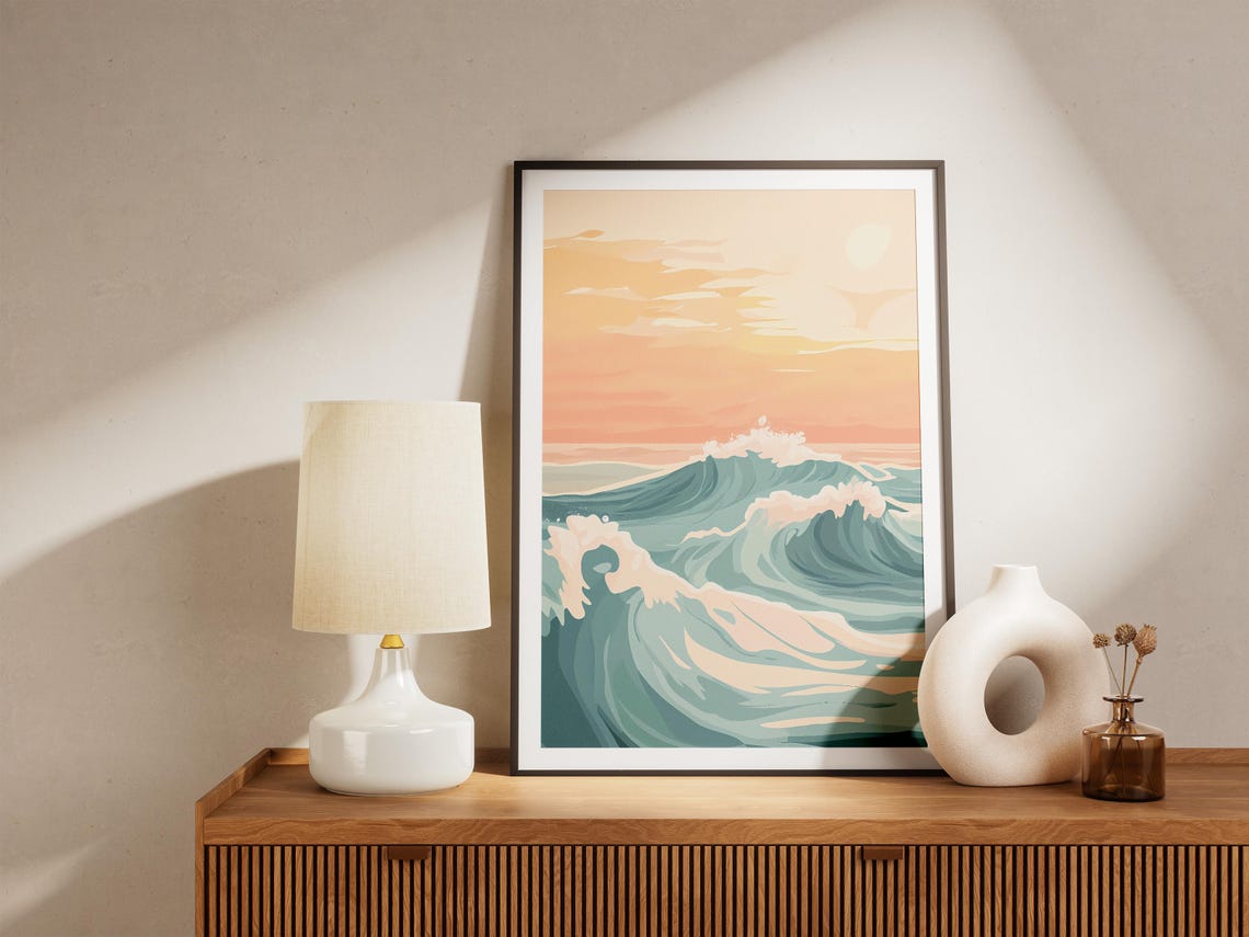 Teal Ocean Waves Under a Peach Sunset Sky Coastal Art Poster - Image 5