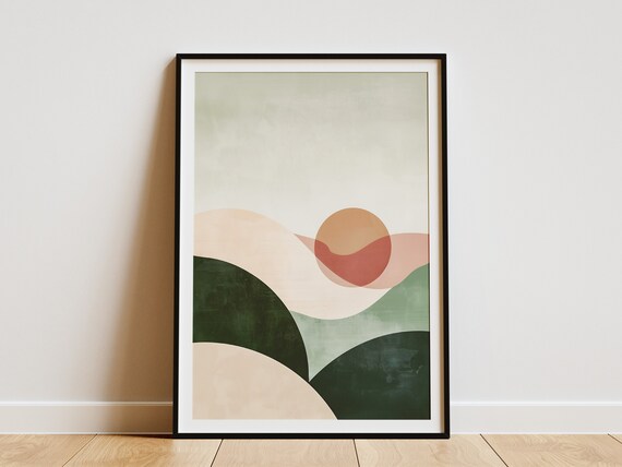 Abstract Landscape Art Print Minimalist Boho Wall Decor Green And Pink Nature Art Poster Modern Geometric Wall Art