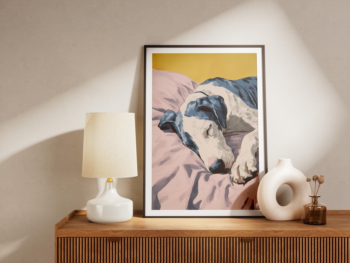 Great Dane Sleeping on a Pink Pillow Against a Mustard Yellow Art Poster - Image 4