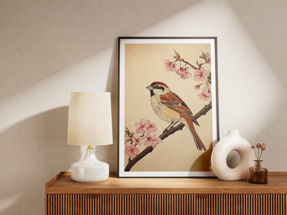 Sparrow Perched on Cherry Blossom Branch Japanese Spring Poster - Image 5