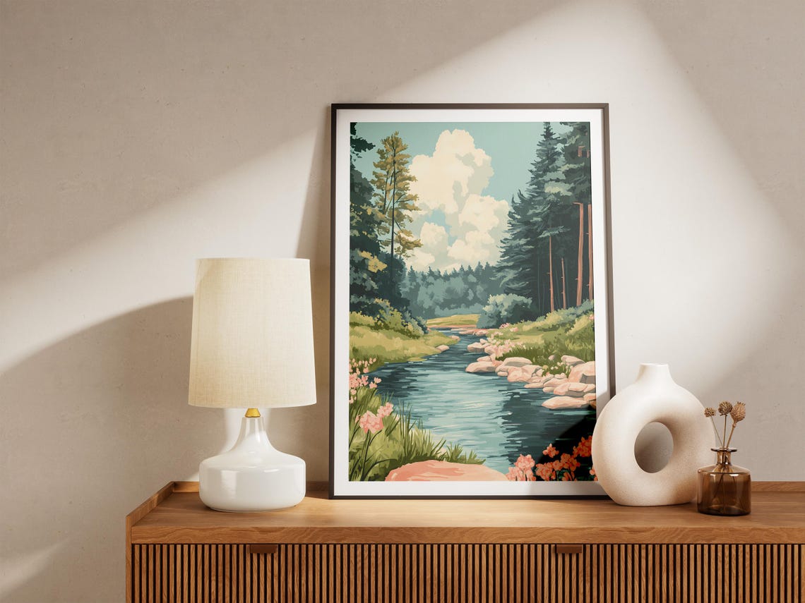 Wildflower-Lined Forest River Flowing Beneath Pine Trees Poster - Image 5