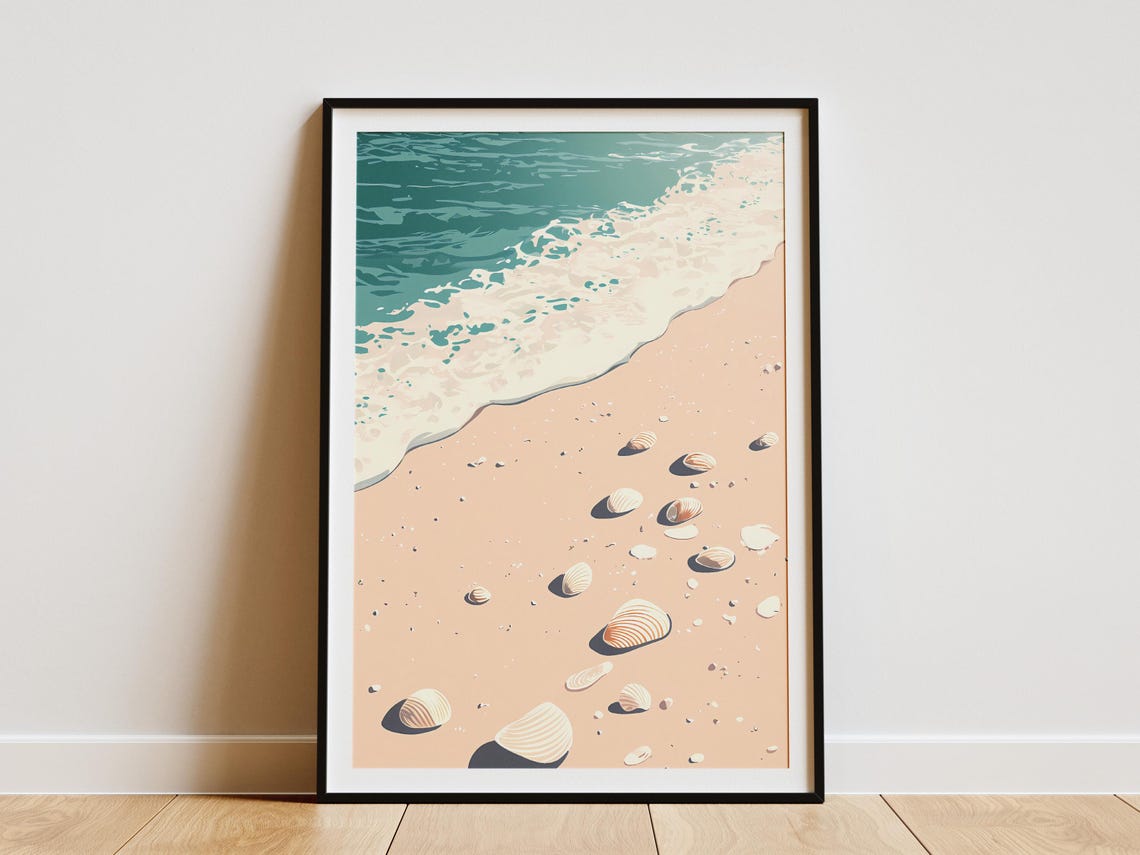 Scattered Seashells on Shore Surf Teal Wave Coastal Summer Wall Art