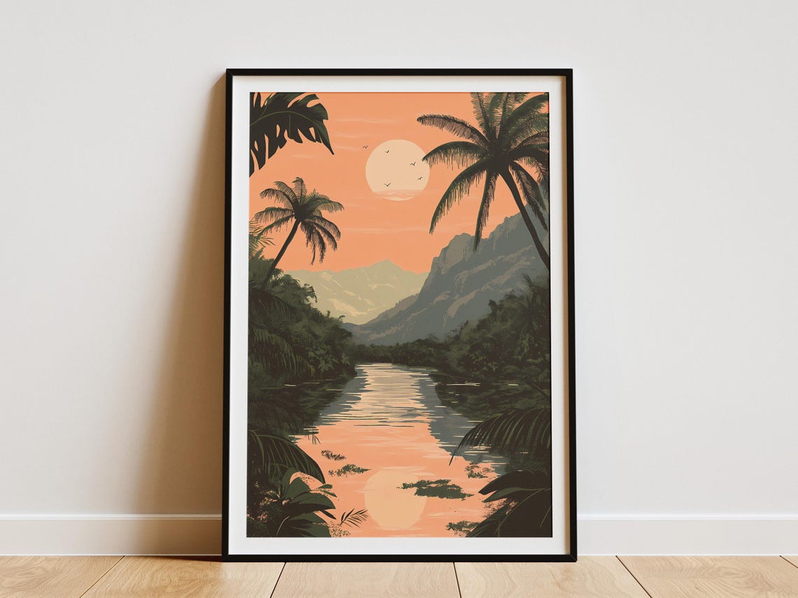 Honduras Rio Platano Sunset River Palms Mountains Dusk Poster